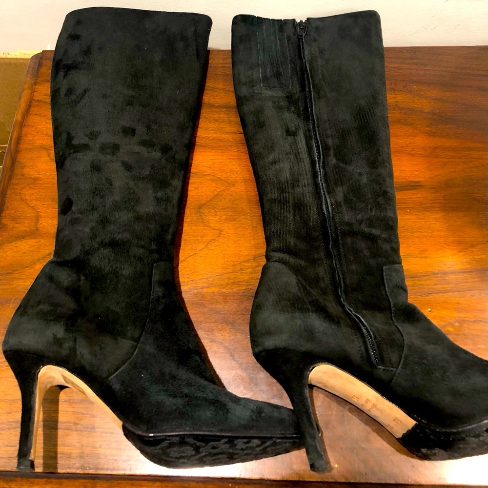Black Suede Knee-High Heel Boots